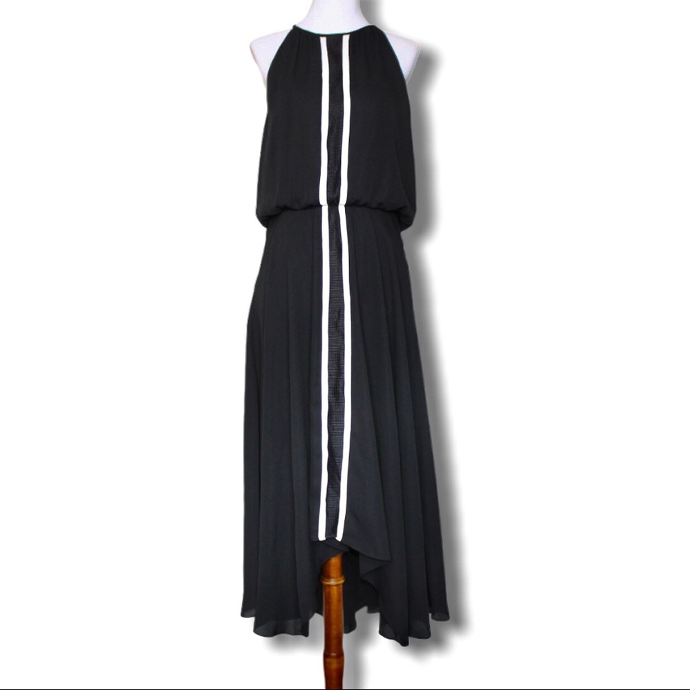Parker Black High-Low Blouson Halter Dress Small